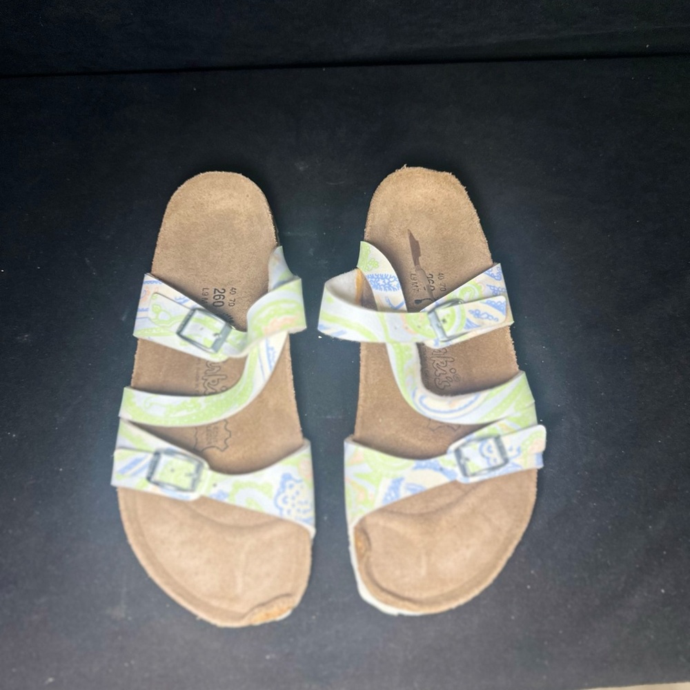 Brown Sandals with Blue and Green Straps-birkies ladies size 9-#359